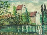 an oil painting of a house by a lake with trees