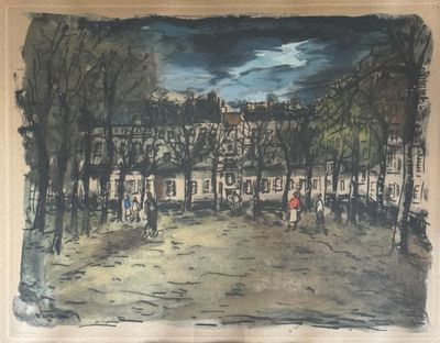 tableau représentant une scène de rue avec des passants et une calèche