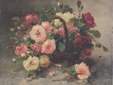 a painting of a basket of flowers on a table