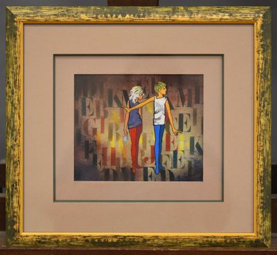 painting of a couple holding hands in front of a painting of a man and a woman