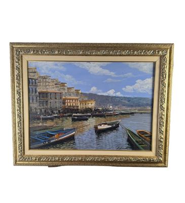 peinture de bateaux dans un port avec des bâtiments en arrière-plan