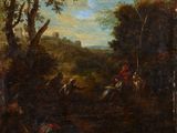 a painting of a painting of a man on horseback in a wooded area