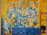 un tableau représentant une femme assise sur une chaise avec un chien