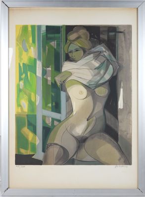 painting of a nude woman in front of a window with a green background