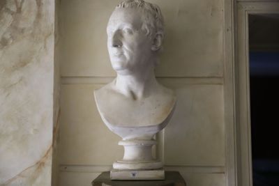 un buste d'homme posé sur un socle devant un mur