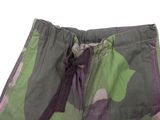 purple and green camo print shorts with a purple tie