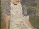 une peinture à l'huile représentant une femme vêtue d'un tablier blanc et d'un chapeau, assise par terre