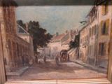 un tableau représentant une calèche tirée par des chevaux dans une rue de la ville