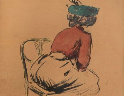 dessin représentant une femme assise sur une chaise, coiffée d'un chapeau