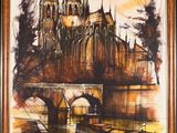 painting of a painting of a castle on a bridge over a river