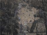 a picture of a painting of a house in the woods