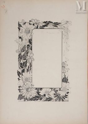 un dessin en noir et blanc représentant un cadre orné de fleurs