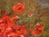a painting of red flowers in a vase on a table
