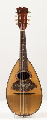 a mandolin that is sitting on a stand on a white surface