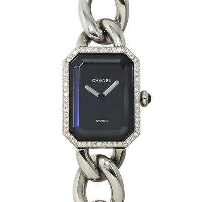 a watch with a chain around it that has a blue face