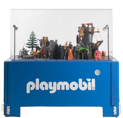 une vitrine Playmobil contenant un château