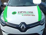 a white car with a green stripe parked in a parking lot