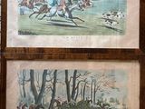 two framed pictures of a hunting scene on the wall