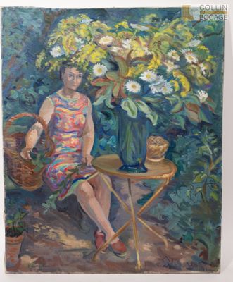 tableau représentant une femme assise sur une chaise, avec un panier de fleurs devant elle