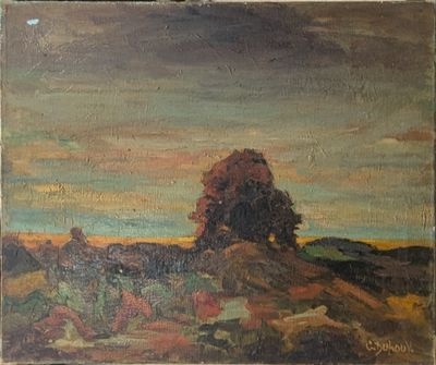 une peinture à l'huile représentant un paysage avec un arbre solitaire au premier plan