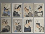 many pictures of women with hats on display on the wall