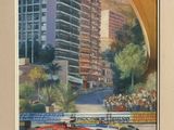 a picture of a painting of a race car going down the street