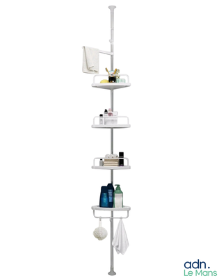 a picture of a bathroom corner shelf with various items on it