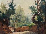 an image of a painting of a dirt road with trees in the background
