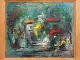 une peinture à l'huile représentant une scène de rue avec des passants et des parapluies sous la pluie