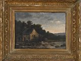 an image of a painting of a house by a river