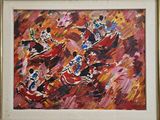 abstract painting of a group of people in a field of grass