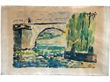 aquarelle représentant un pont au-dessus d'un plan d'eau