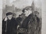 a black and white drawing of a man in a hat