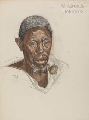 dessin représentant un homme avec une pipe à la bouche et une chemise blanche