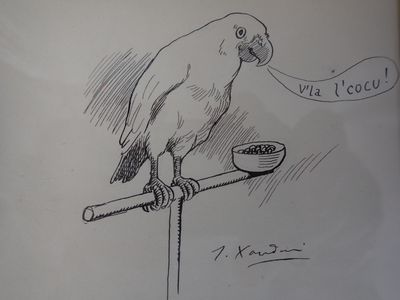 un dessin représentant un oiseau perché sur un poteau