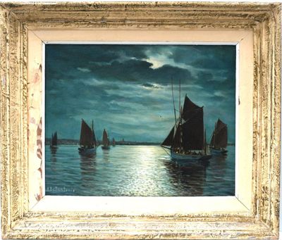 a painting of boats on the water at night