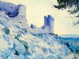a watercolor painting of a castle on a hill