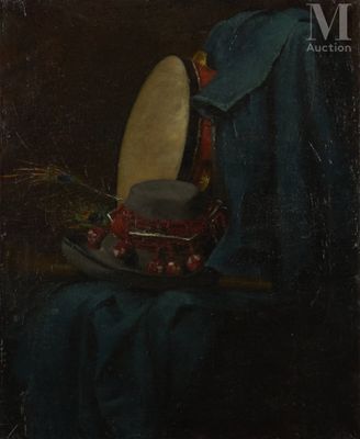 an old painting of a hat and a blue cloth on a table