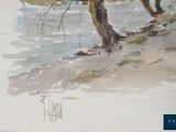 a watercolor painting of a man riding a horse on the beach