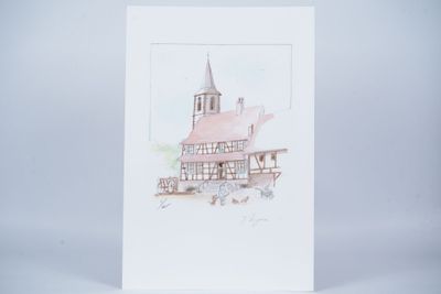 an image of a watercolor painting of a church with a steeple