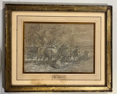 dessin représentant un troupeau de moutons dans un paysage, avec un homme à cheval