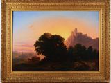 un tableau représentant un paysage de montagne avec du bétail au premier plan