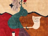an image of a rug with a woman and a cat on it