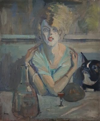 un tableau représentant une femme assise à une table avec un chat