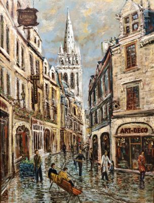 une peinture à l'huile représentant une scène de rue avec des personnes marchant dans la rue