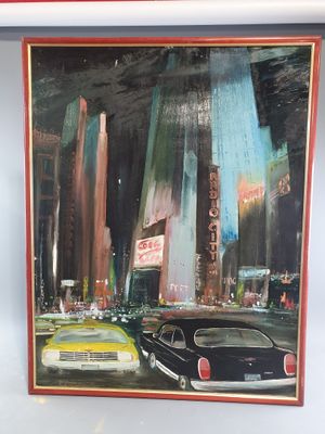 a picture of a painting of a city at night