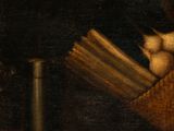 painting of a cat sitting on a basket with a book in front of it