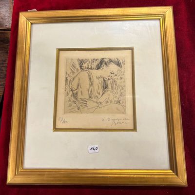 un dessin encadré représentant une femme assise sur une couverture rouge