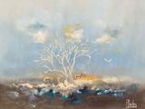 une image représentant un tableau où l'on voit un arbre dans un champ, avec des oiseaux qui volent autour