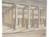 un tableau représentant une gare avec des colonnes et une horloge